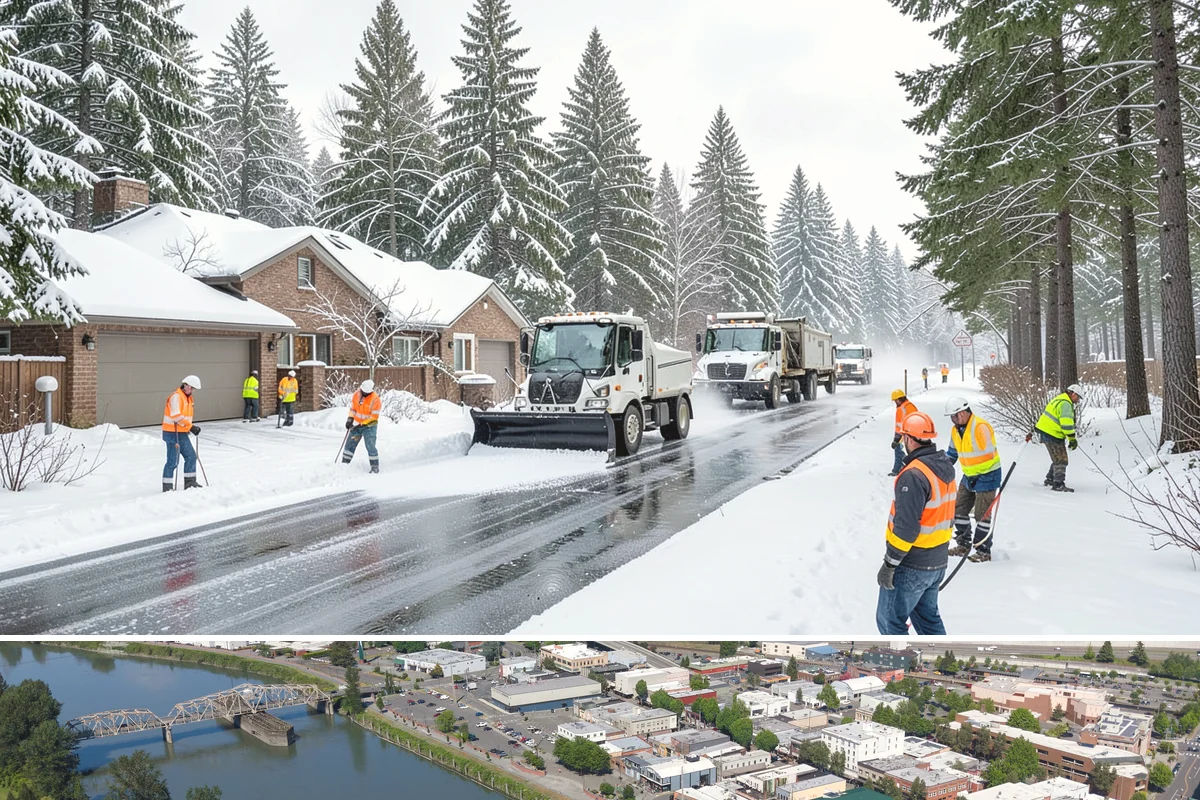Downtown Snow Hauling in Mount Vernon, Skagit County, WA - Downtown hauling is done off-peak or overnight whenever lowland snow sticks and the dense grid leaves nowhere to stack it.