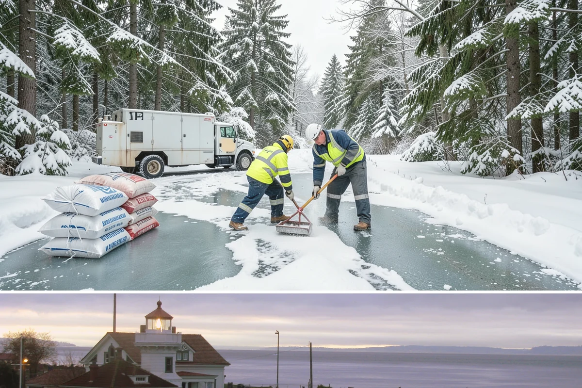 Downtown Snow Hauling in Mukilteo, Snohomish County, WA - Downtown hauling is done off-peak or overnight whenever lowland snow sticks and the dense grid leaves nowhere to stack it.