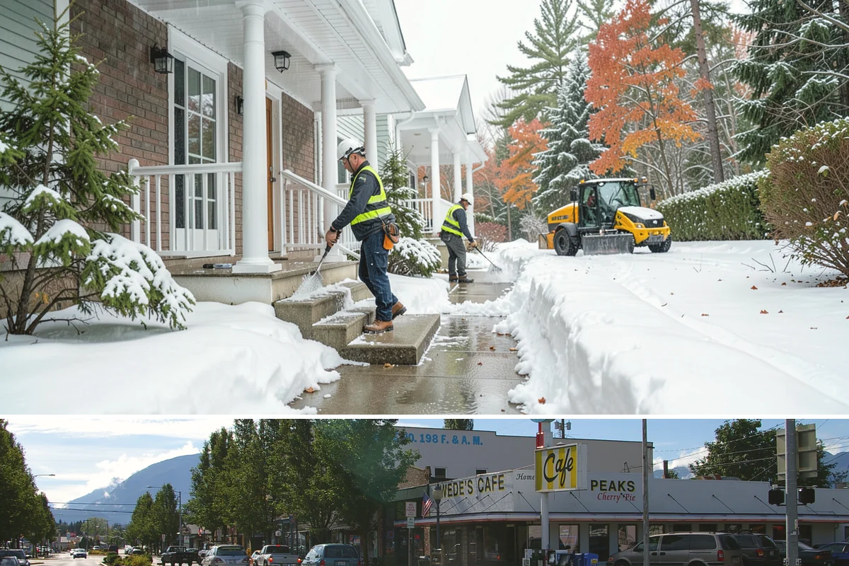 Downtown Snow Hauling in North Bend, King County, WA - Downtown hauling is done off-peak or overnight whenever lowland snow sticks and the dense grid leaves nowhere to stack it.