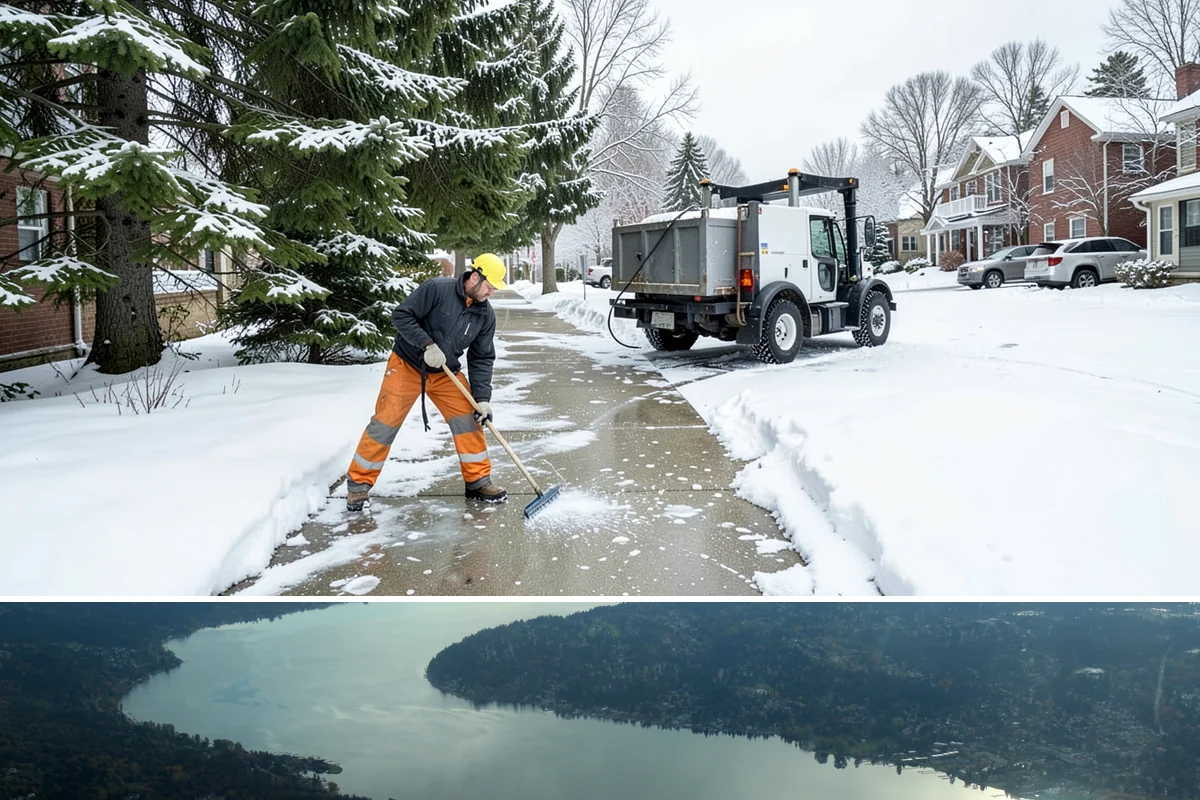 Downtown Snow Hauling in Sammamish, King County, WA - Downtown hauling is done off-peak or overnight whenever lowland snow sticks and the dense grid leaves nowhere to stack it.