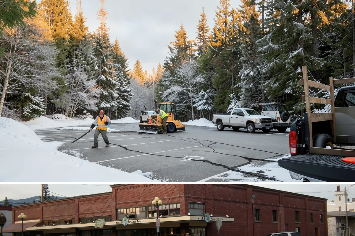 Downtown Snow Hauling in Sedro-Woolley, Skagit County, WA - Downtown hauling is done off-peak or overnight whenever lowland snow sticks and the dense grid leaves nowhere to stack it.