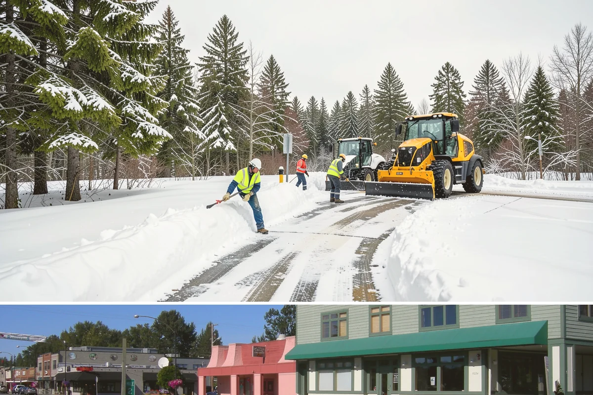 Downtown Snow Hauling in Snoqualmie, King County, WA - Downtown hauling is done off-peak or overnight whenever lowland snow sticks and the dense grid leaves nowhere to stack it.