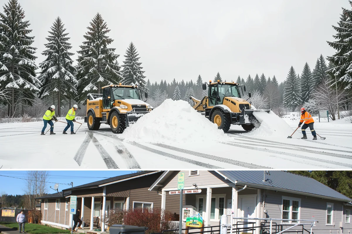 Downtown Snow Hauling in South Prairie, Pierce County, WA - Downtown hauling is done off-peak or overnight whenever lowland snow sticks and the dense grid leaves nowhere to stack it.