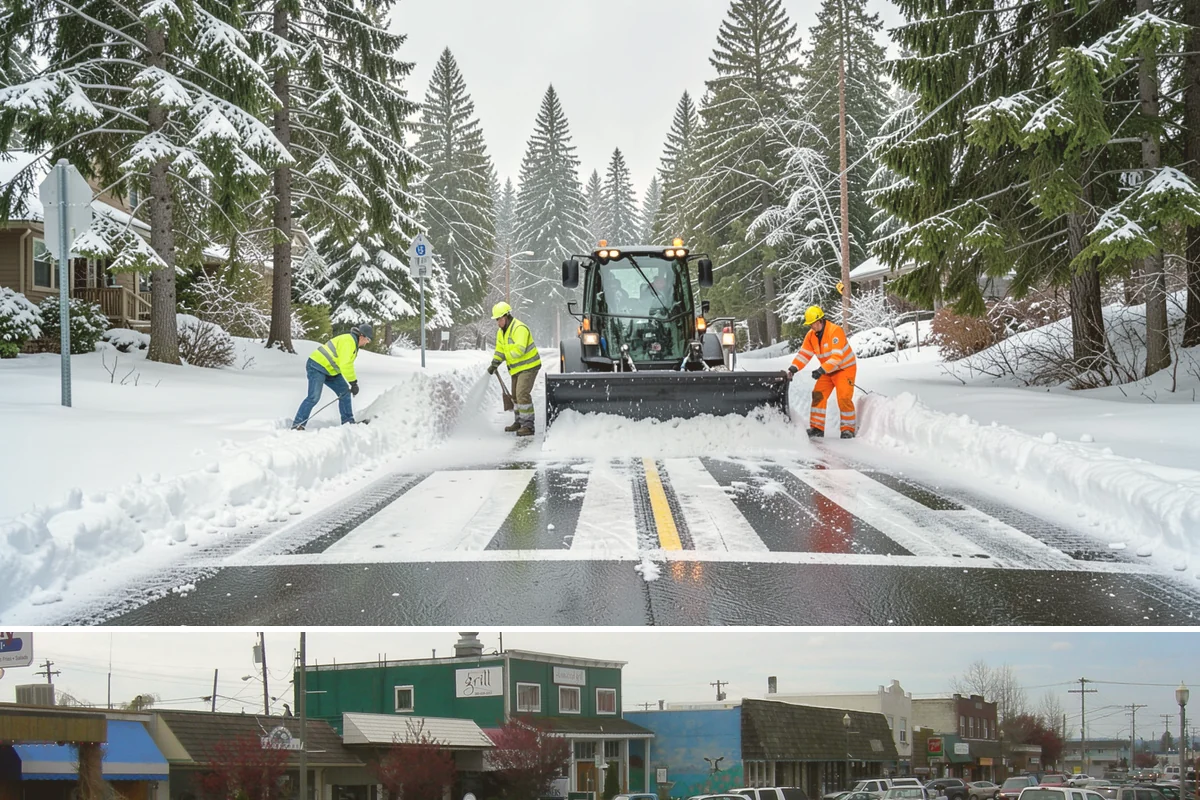 Downtown Snow Hauling in Stanwood, Snohomish County, WA - Downtown hauling is done off-peak or overnight whenever lowland snow sticks and the dense grid leaves nowhere to stack it.