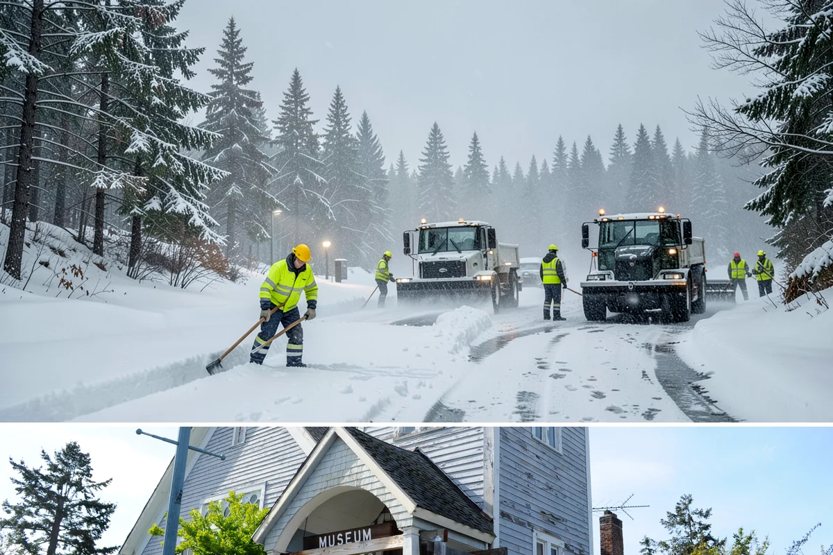 Downtown Snow Hauling in Steilacoom, Pierce County, WA - Downtown hauling is done off-peak or overnight whenever lowland snow sticks and the dense grid leaves nowhere to stack it.