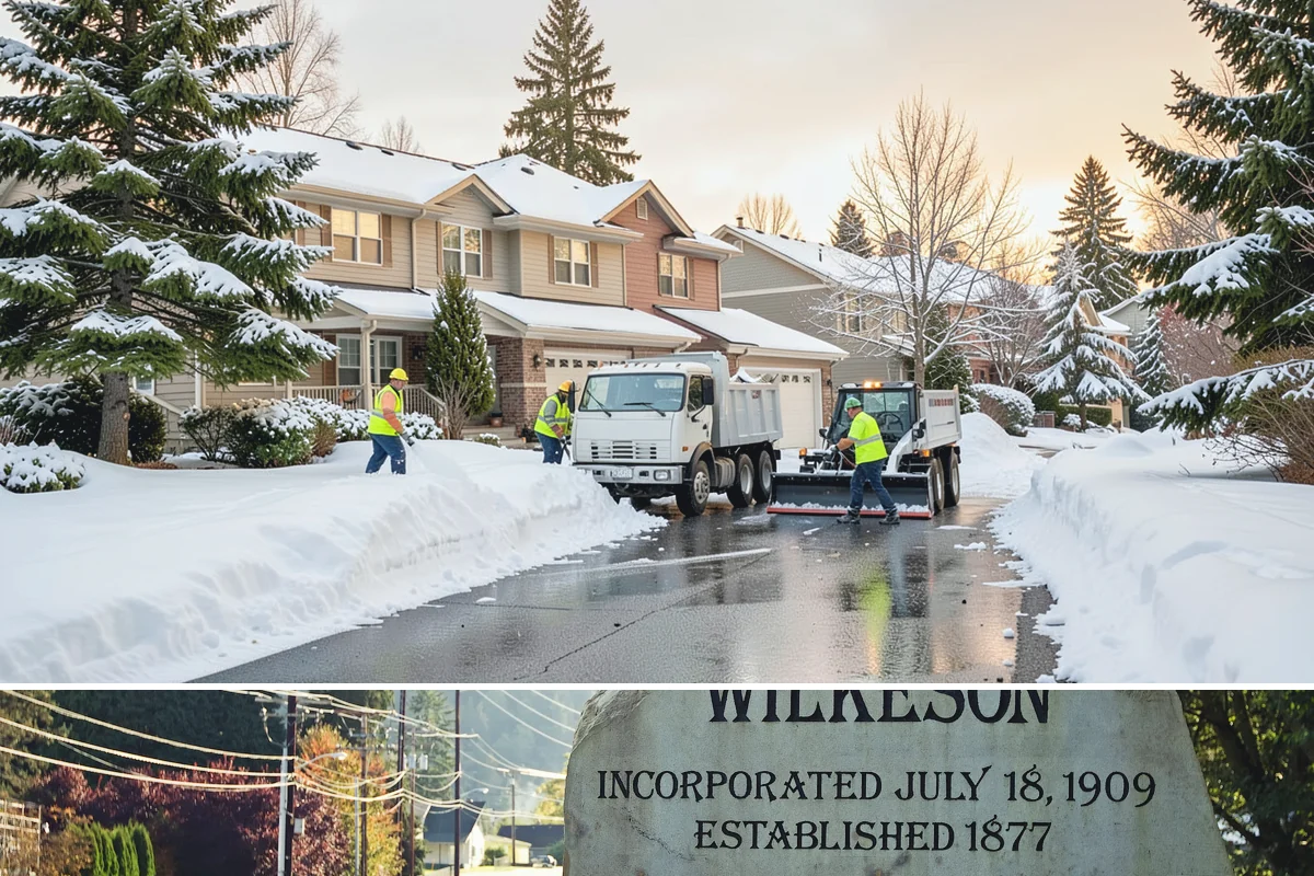 Downtown Snow Hauling in Wilkeson, Pierce County, WA - Downtown hauling is done off-peak or overnight whenever lowland snow sticks and the dense grid leaves nowhere to stack it.