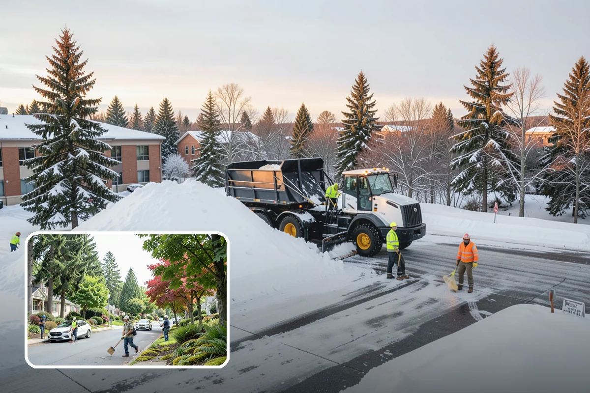 Dump Truck Plowing in Beaux Arts Village, King County, WA - Combined plowing and hauling in a single operation
