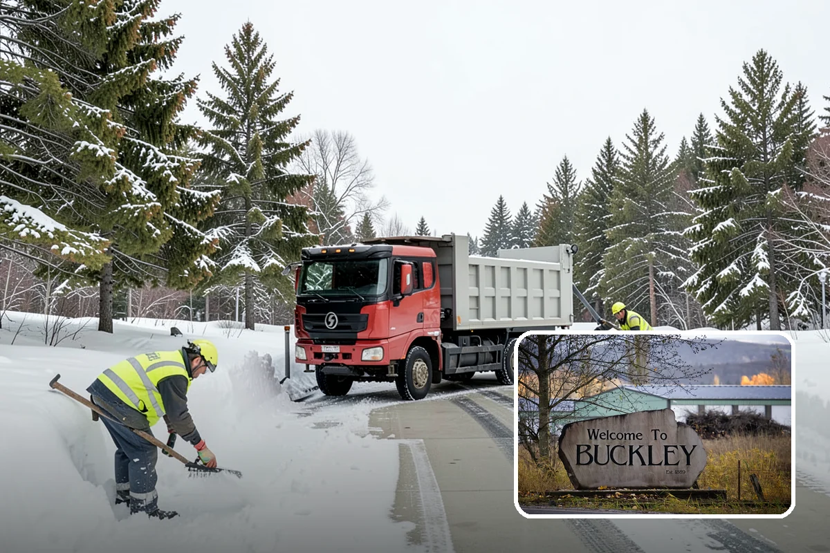 Dump Truck Plowing in Buckley, Pierce County, WA - Combined plowing and hauling in a single operation
