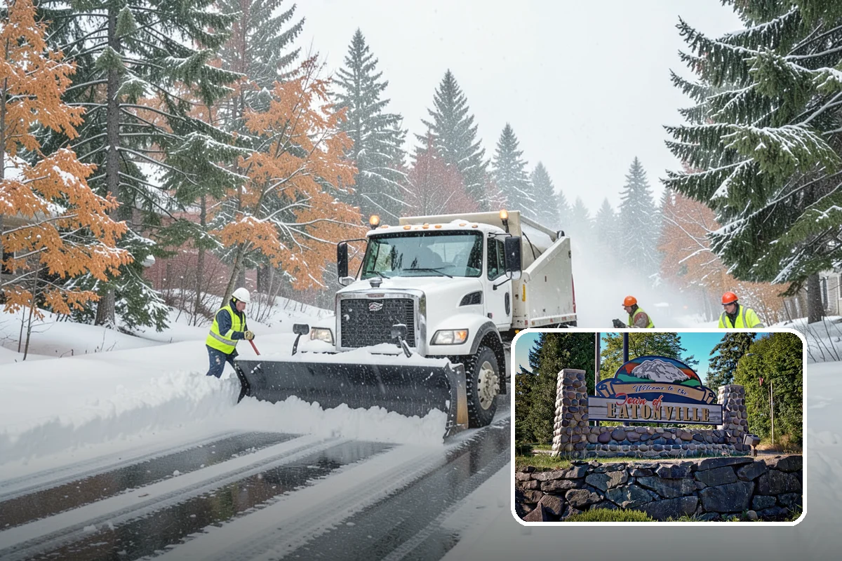 Dump Truck Plowing in Eatonville, Pierce County, WA - Combined plowing and hauling in a single operation