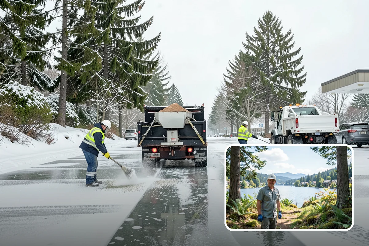 Dump Truck Plowing in Milton, King County, WA - Combined plowing and hauling in a single operation