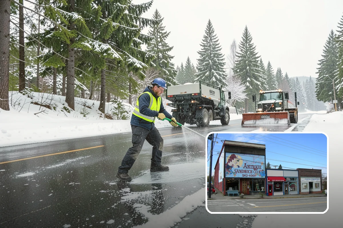 Dump Truck Plowing in Ruston, Pierce County, WA - Combined plowing and hauling in a single operation