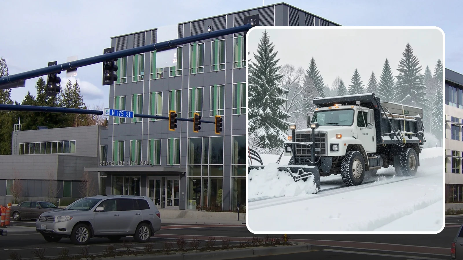 Dump Truck Plowing in Shoreline, King County, WA - Our plow-equipped dump trucks move heavy snow and haul it away in a single, efficient operation.