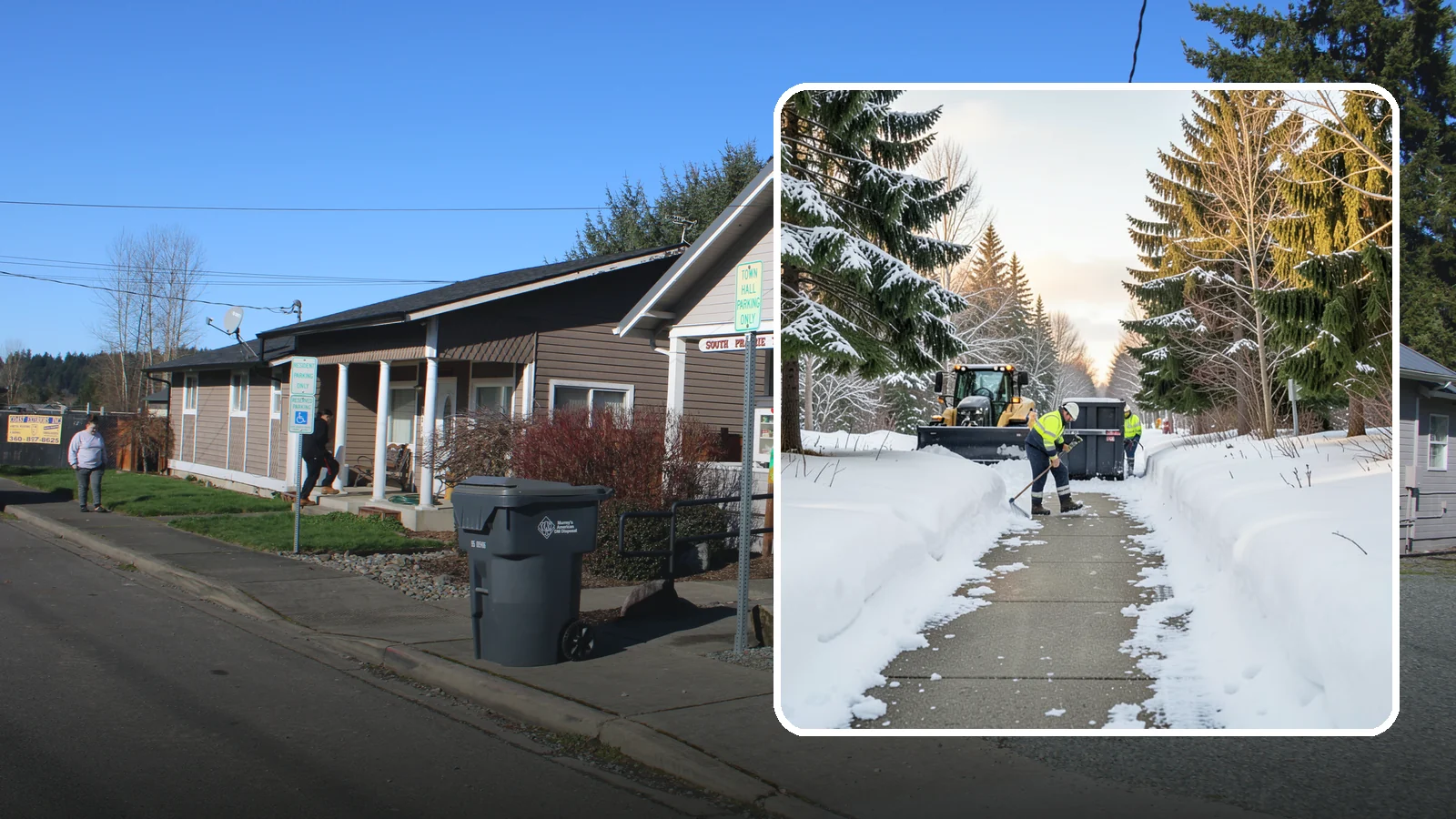 Dumpster Access Clearing in South Prairie, Pierce County, WA - We clear the path and pad leading to standalone dumpsters so tenants and crews can dump waste without wading through snow.