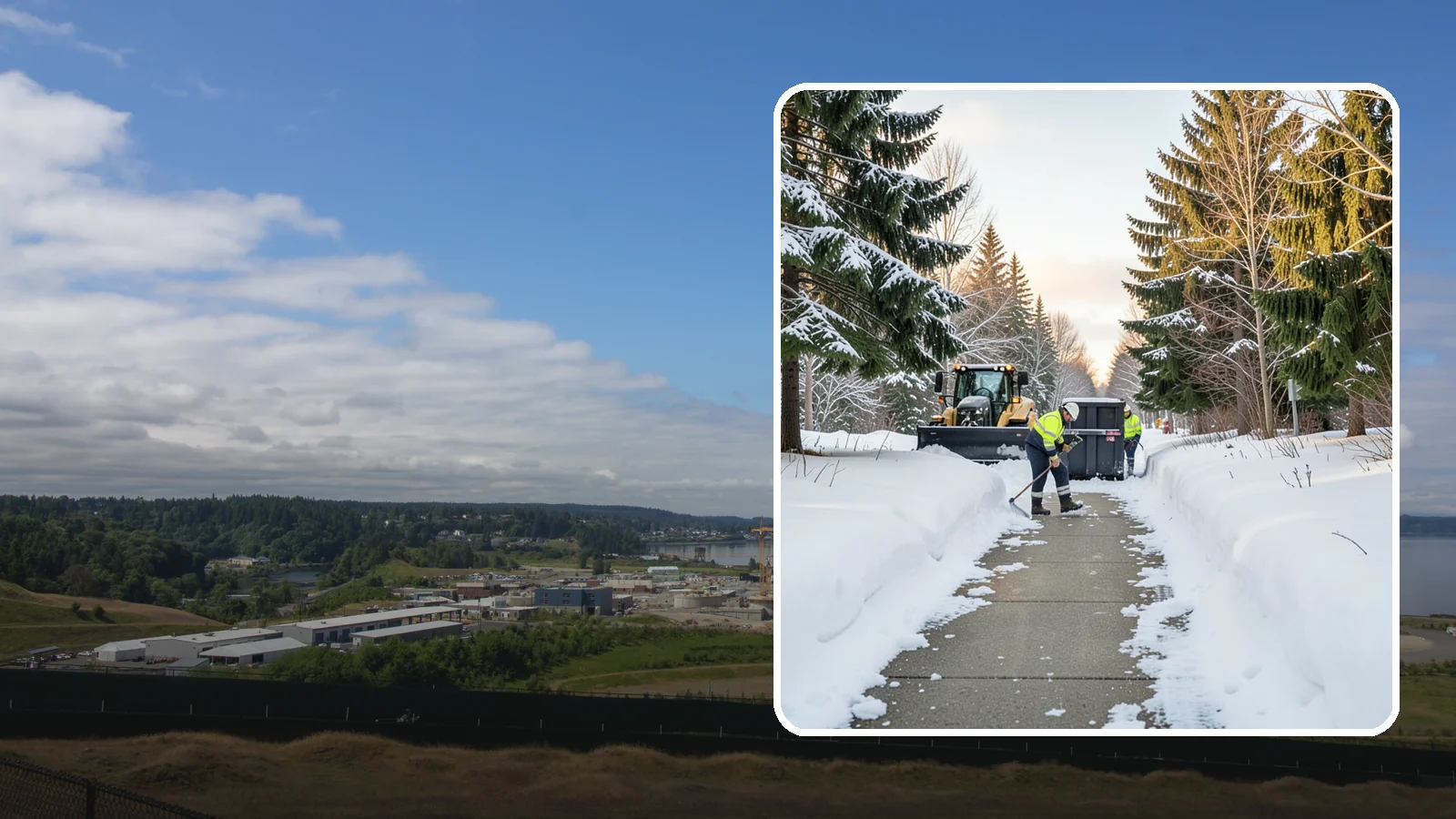 Dumpster Access Clearing in University Place, Pierce County, WA - We clear the path and pad leading to standalone dumpsters so tenants and crews can dump waste without wading through snow.