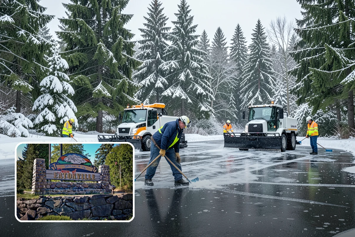 Early Morning Snow Removal in Eatonville, Pierce County, WA - Focused on the critical pre-opening window