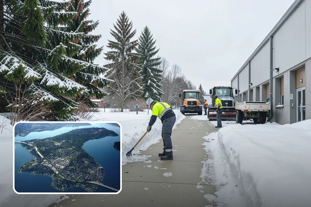 Early Morning Snow Removal in Mercer Island, King County, WA - Focused on the critical pre-opening window