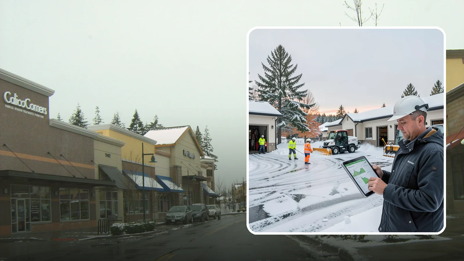 Early Morning Snow Removal in Mill Creek, Snohomish County, WA - Pre-dawn service that clears overnight accumulation and refreeze just ahead of your opening rush.