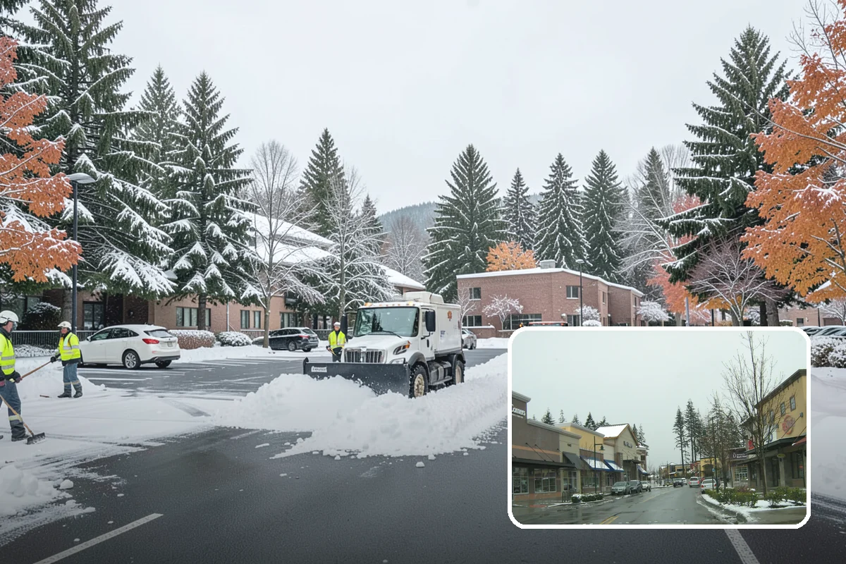 Early Morning Snow Removal in Mill Creek, Snohomish County, WA - Focused on the critical pre-opening window