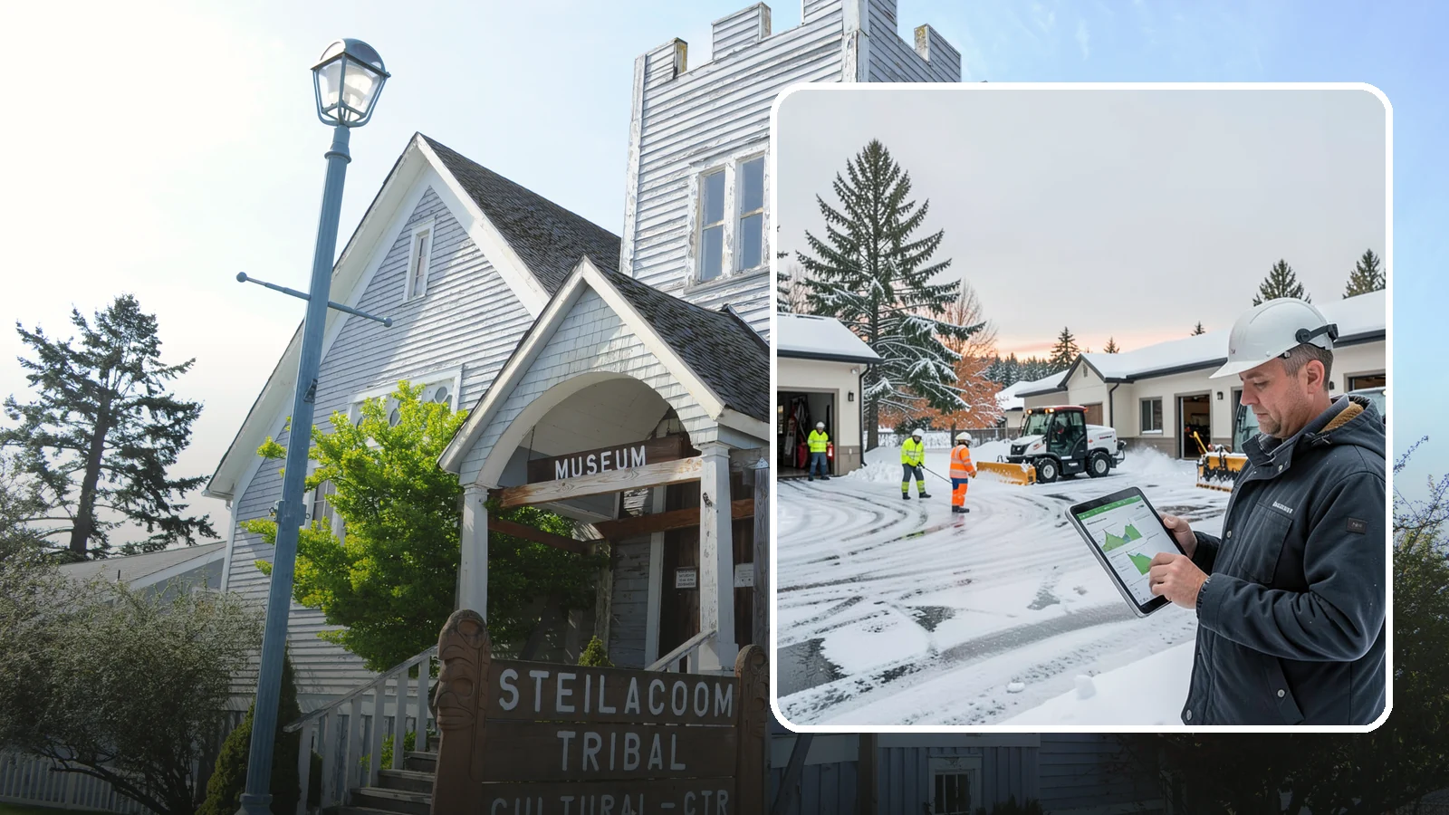 Early Morning Snow Removal in Steilacoom, Pierce County, WA - Pre-dawn service that clears overnight accumulation and refreeze just ahead of your opening rush.