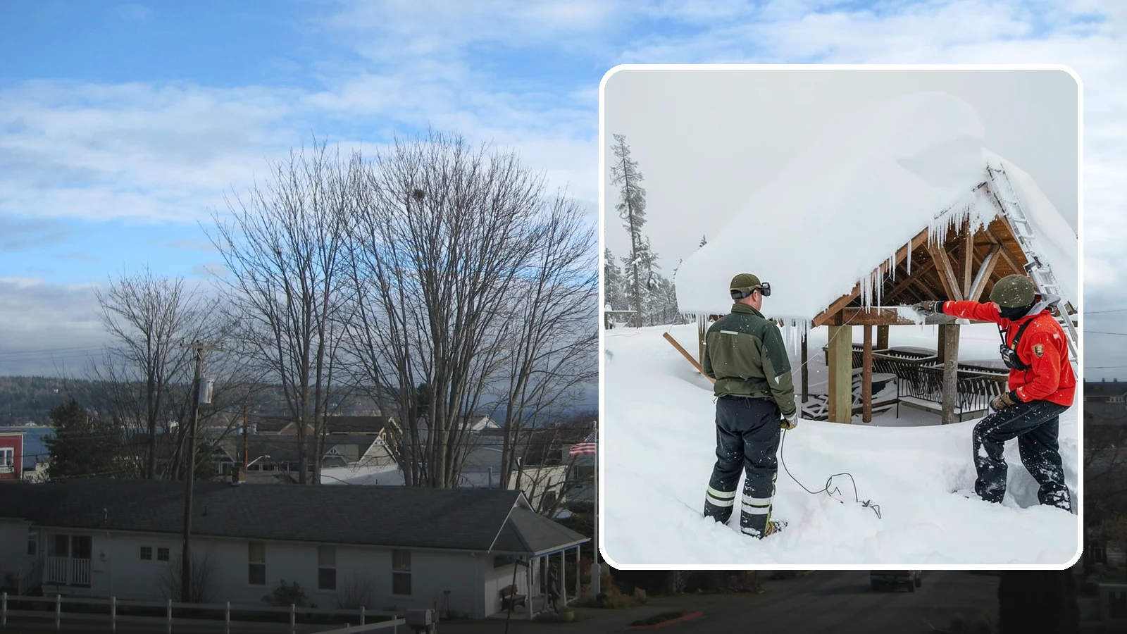 Emergency Roof Snow Removal in Langley, Island County, WA - We respond urgently to dangerous roof snow loads when a structure is at immediate risk.