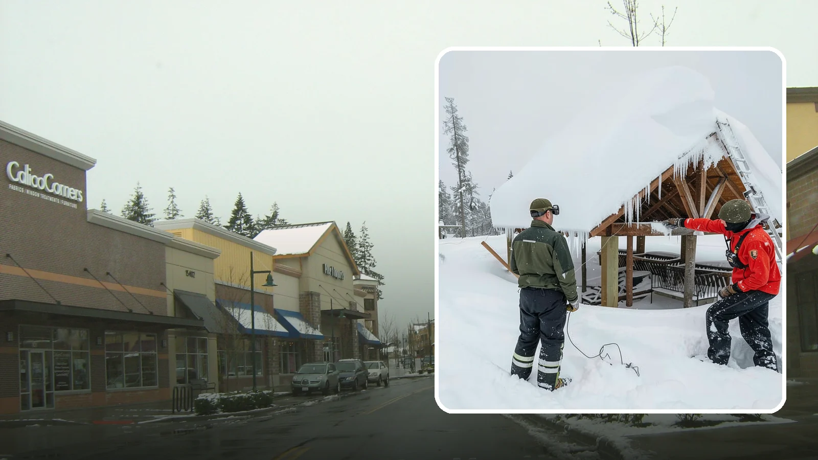 Emergency Roof Snow Removal in Mill Creek, Snohomish County, WA - We respond urgently to dangerous roof snow loads when a structure is at immediate risk.