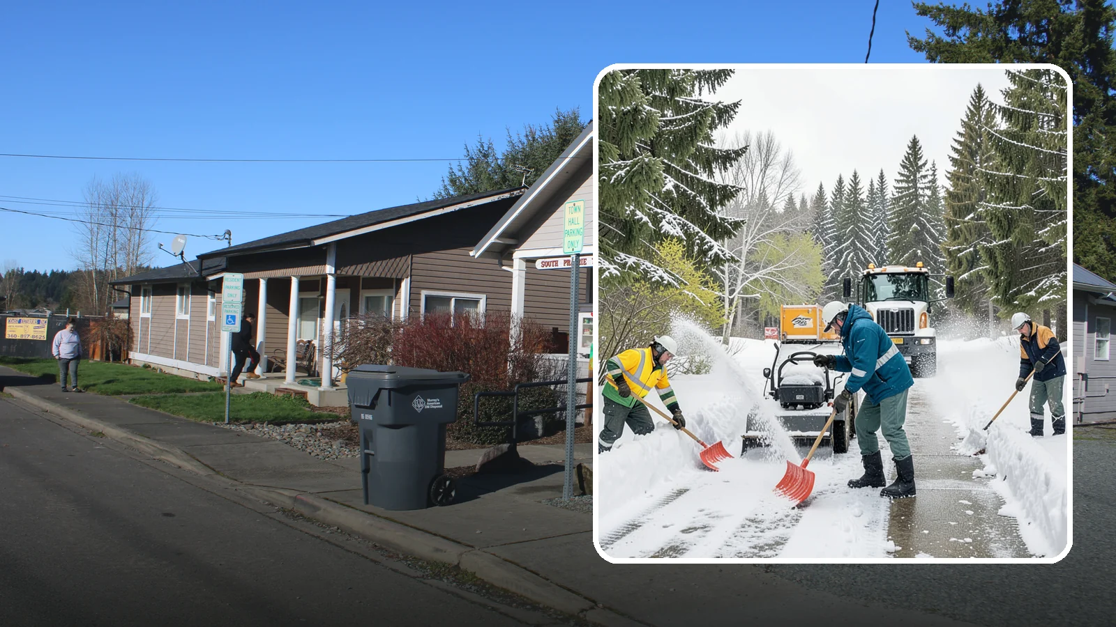 Emergency Shoveling in South Prairie, Pierce County, WA - We send crews out on demand across Western Washington to hand-clear walkways, entrances, and steps when snow needs to be gone...