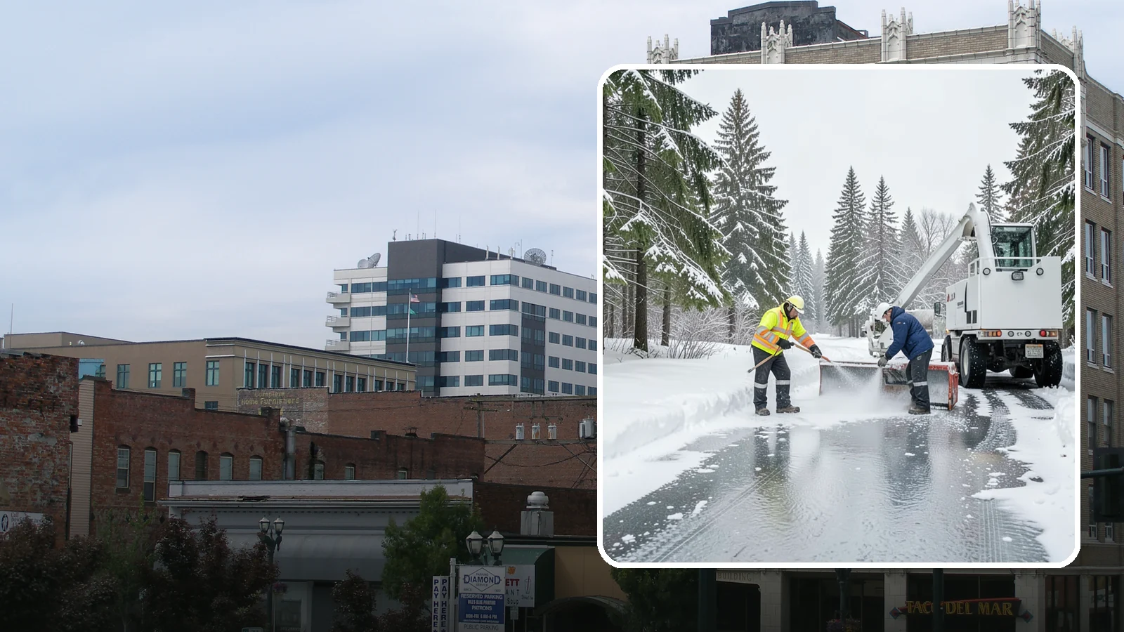 Fire Lane Deicing in Everett, Snohomish County, WA - Deicing of fire lanes to keep emergency access surfaces from glazing over after they have been plowed.
