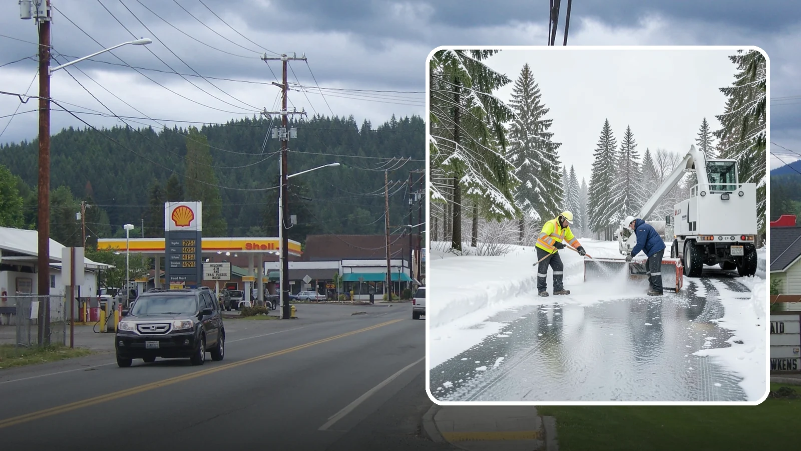 Fire Lane Deicing in Granite Falls, Snohomish County, WA - Deicing of fire lanes to keep emergency access surfaces from glazing over after they have been plowed.