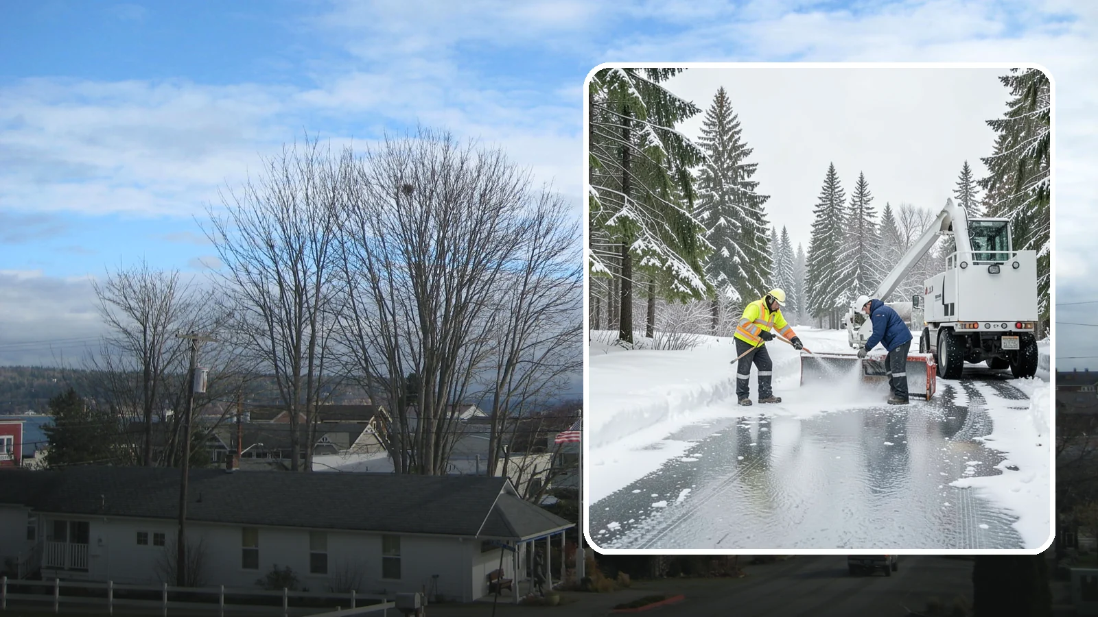 Fire Lane Deicing in Langley, Island County, WA - Deicing of fire lanes to keep emergency access surfaces from glazing over after they have been plowed.