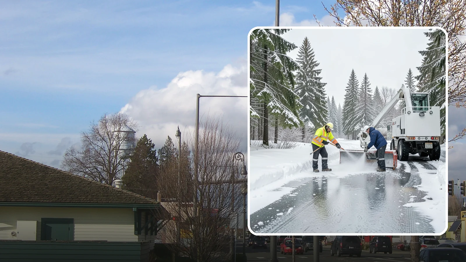Fire Lane Deicing in Marysville, Snohomish County, WA - Deicing of fire lanes to keep emergency access surfaces from glazing over after they have been plowed.