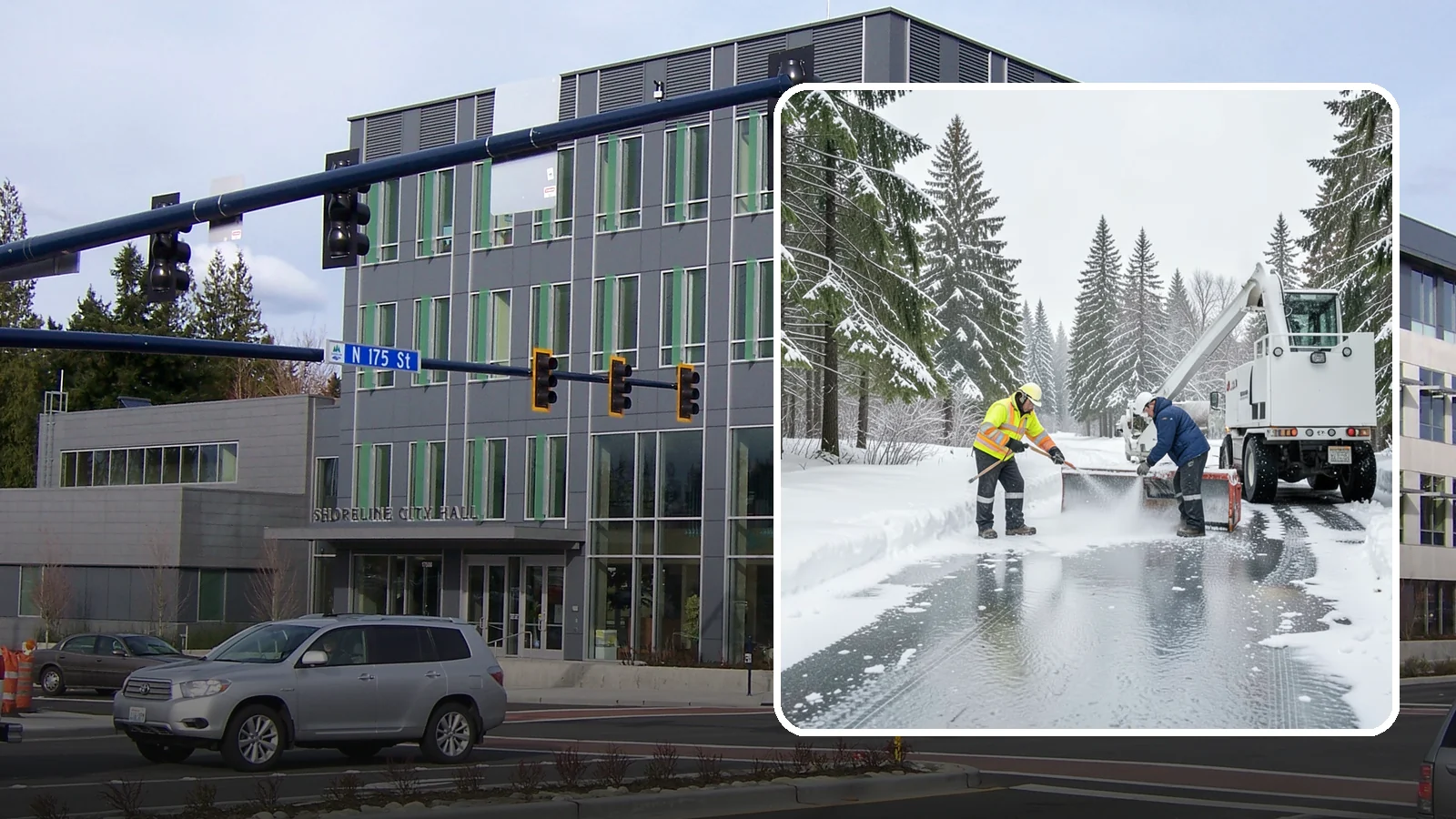 Fire Lane Deicing in Shoreline, King County, WA - Deicing of fire lanes to keep emergency access surfaces from glazing over after they have been plowed.