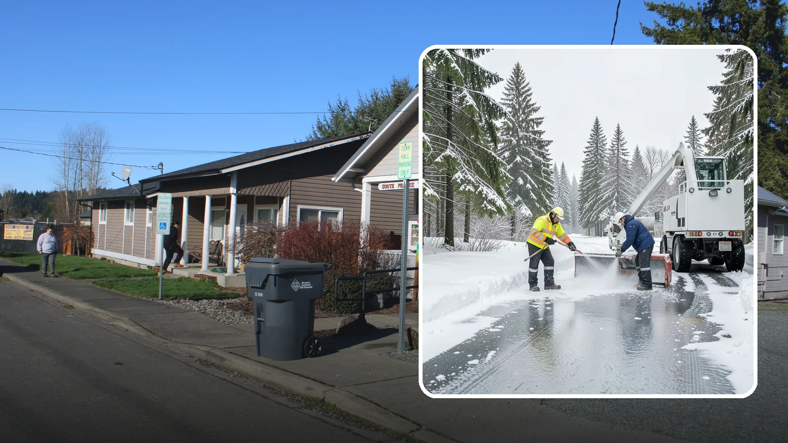 Fire Lane Deicing in South Prairie, Pierce County, WA - Deicing of fire lanes to keep emergency access surfaces from glazing over after they have been plowed.