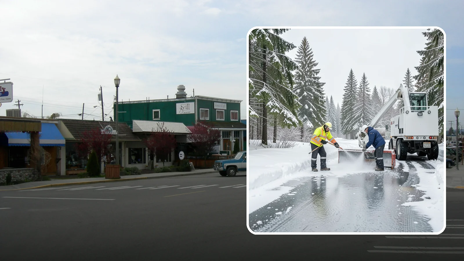 Fire Lane Deicing in Stanwood, Snohomish County, WA - Deicing of fire lanes to keep emergency access surfaces from glazing over after they have been plowed.