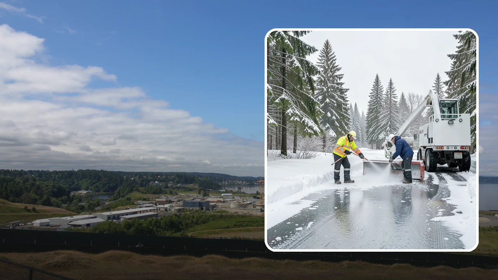 Fire Lane Deicing in University Place, Pierce County, WA - Deicing of fire lanes to keep emergency access surfaces from glazing over after they have been plowed.