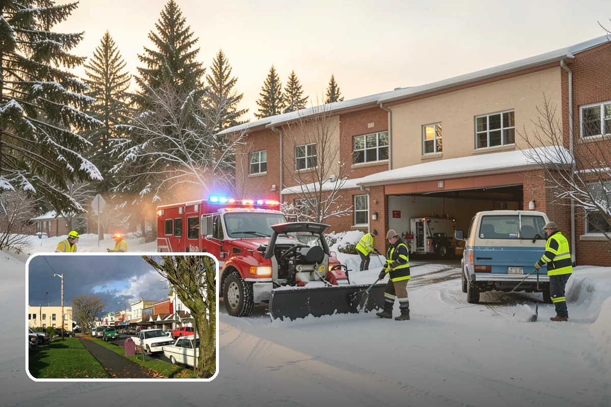 Fire Station Snow Removal in Arlington, Snohomish County, WA - Apparatus aprons cleared and sanded for immediate response
