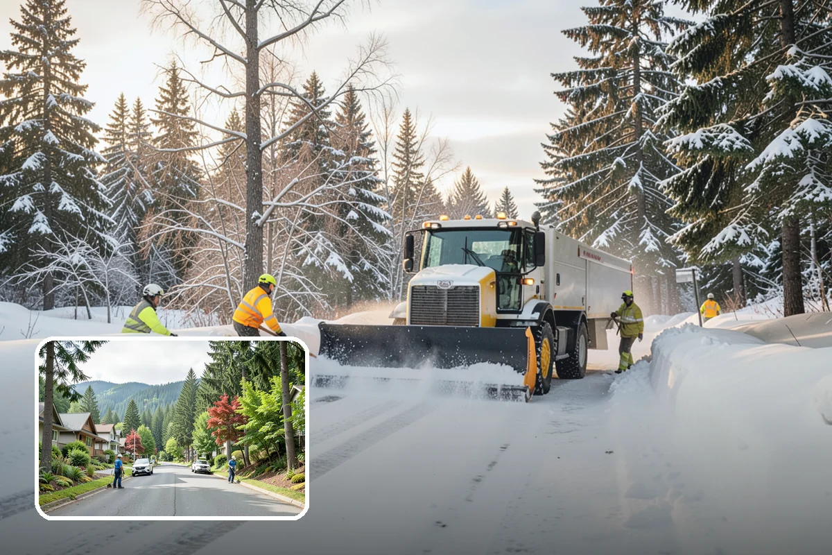 Fire Station Snow Removal in Darrington, Snohomish County, WA - Apparatus aprons cleared and sanded for immediate response