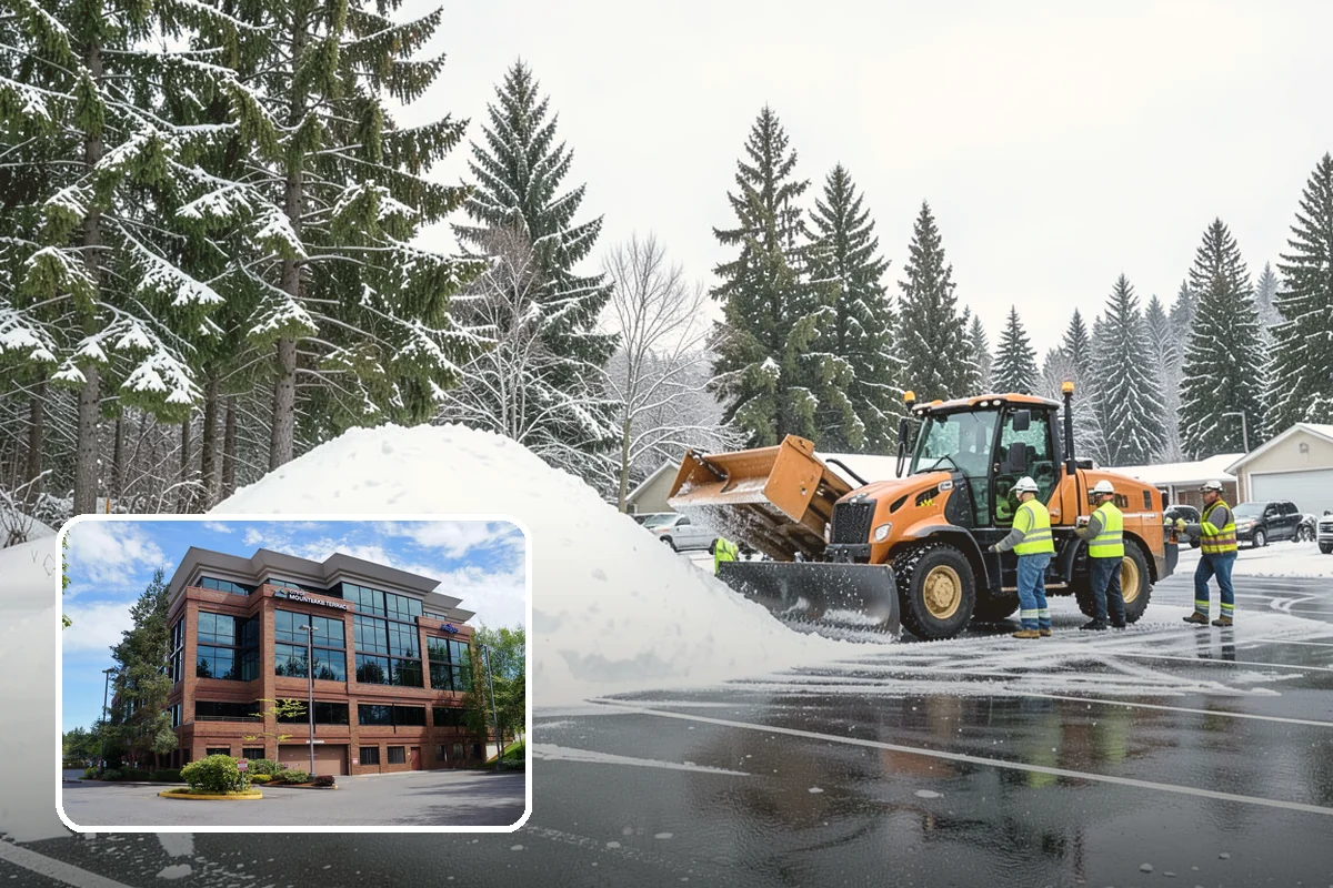 Fire Station Snow Removal in Mountlake Terrace, Snohomish County, WA - Apparatus aprons cleared and sanded for immediate response