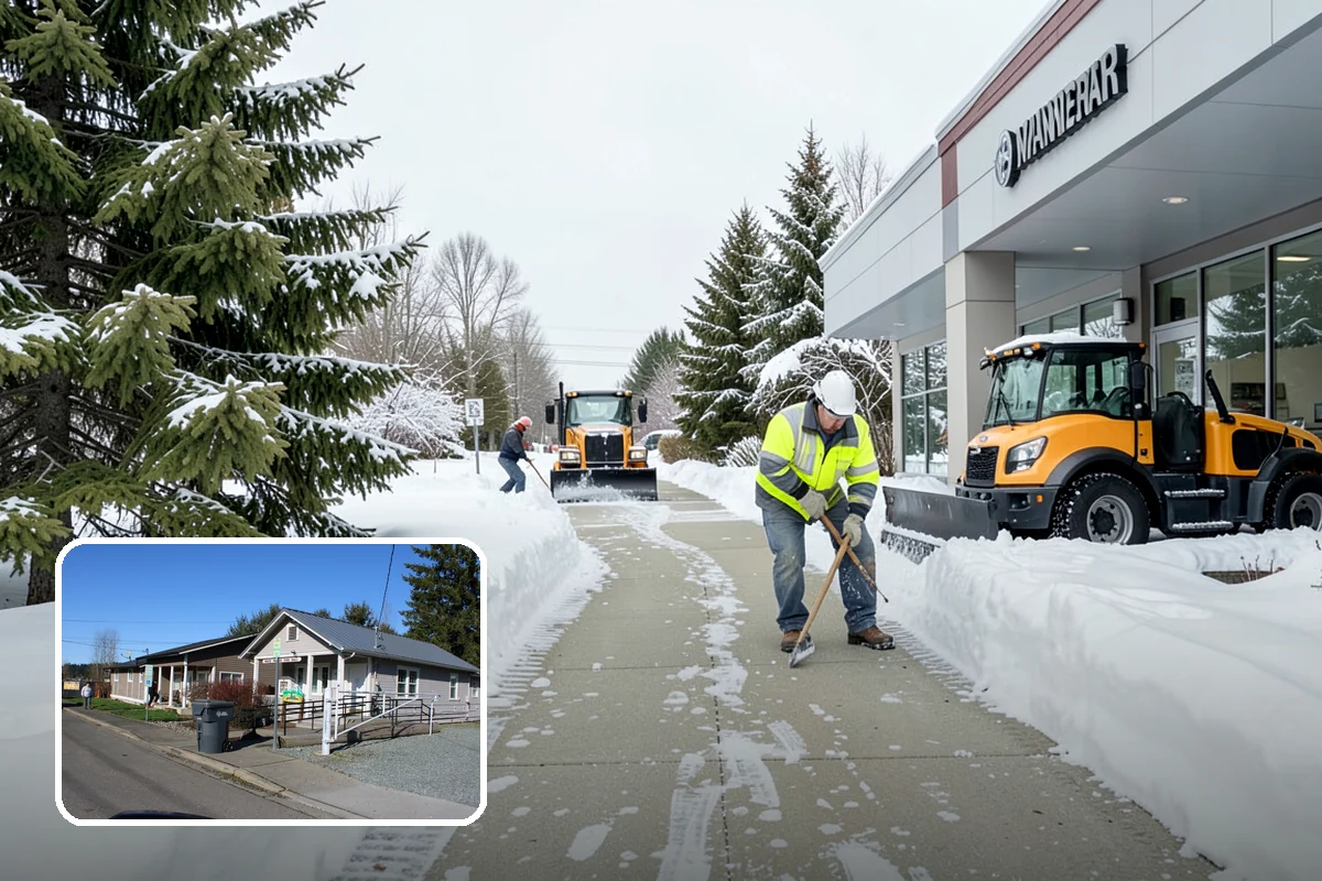 Fire Station Snow Removal in South Prairie, Pierce County, WA - Apparatus aprons cleared and sanded for immediate response