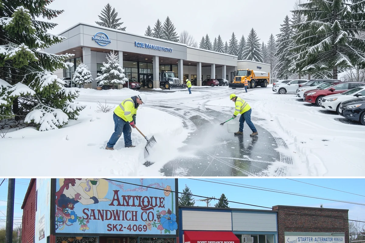 Fitness Center Deicing in Ruston, Pierce County, WA - Deicing runs the winter season, with pre-dawn readiness during freezing-rain events that catch early members off guard.