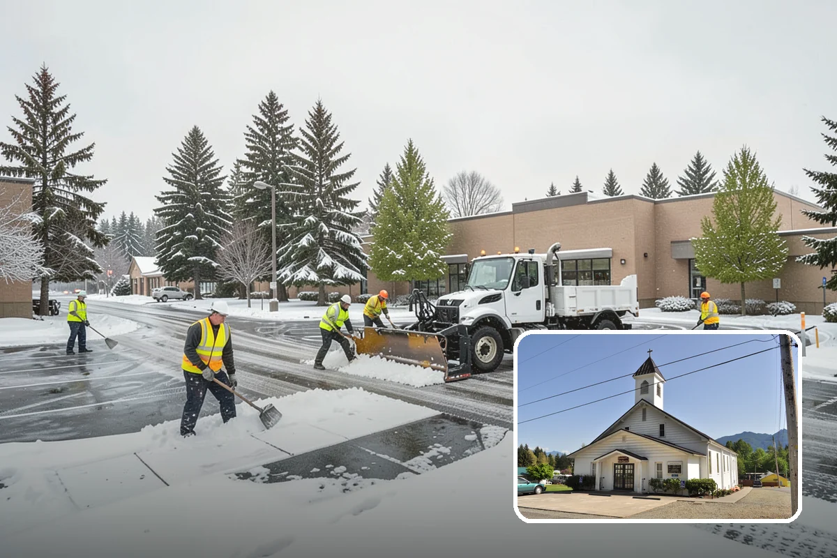 Fitness Center Parking Lot Snow Removal in Concrete, Skagit County, WA - Members reach the door safely for pre-dawn and evening workouts