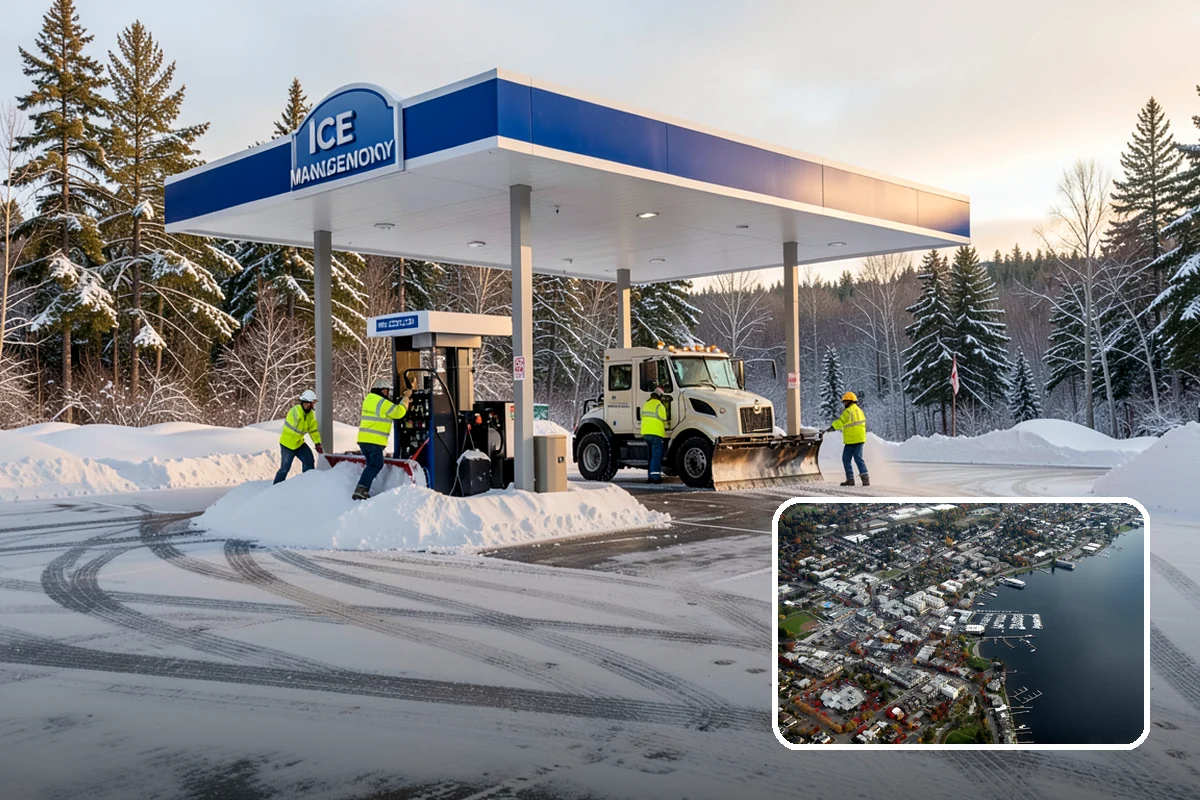 Fitness Center Parking Lot Snow Removal in Kirkland, King County, WA - Members reach the door safely for pre-dawn and evening workouts