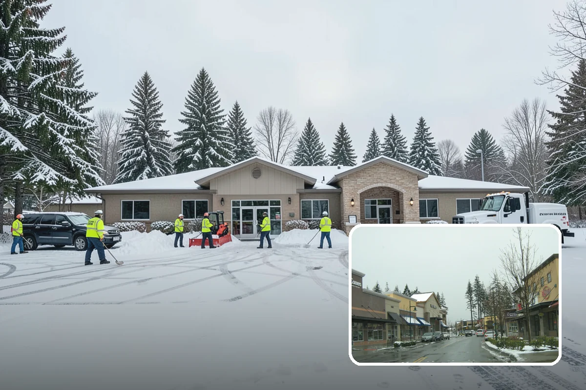 Fitness Center Parking Lot Snow Removal in Mill Creek, Snohomish County, WA - Members reach the door safely for pre-dawn and evening workouts