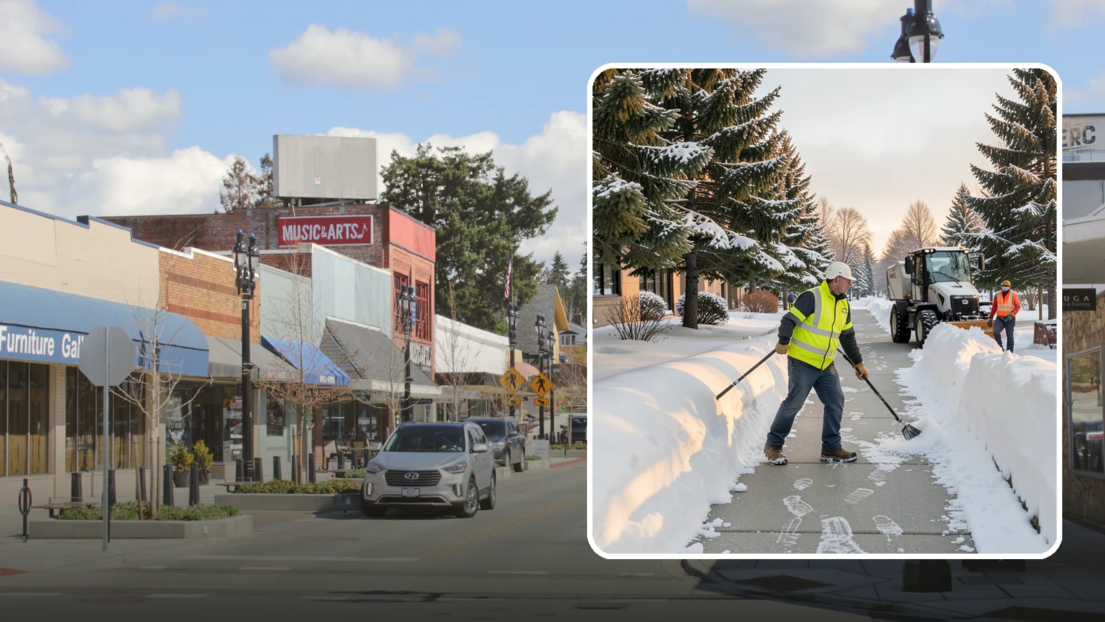 Fitness Center Sidewalk Clearing in Bothell, King County, WA - Early-hours entrance sidewalk clearing for Western Washington fitness centers, keeping the walk safe for members arriving before...