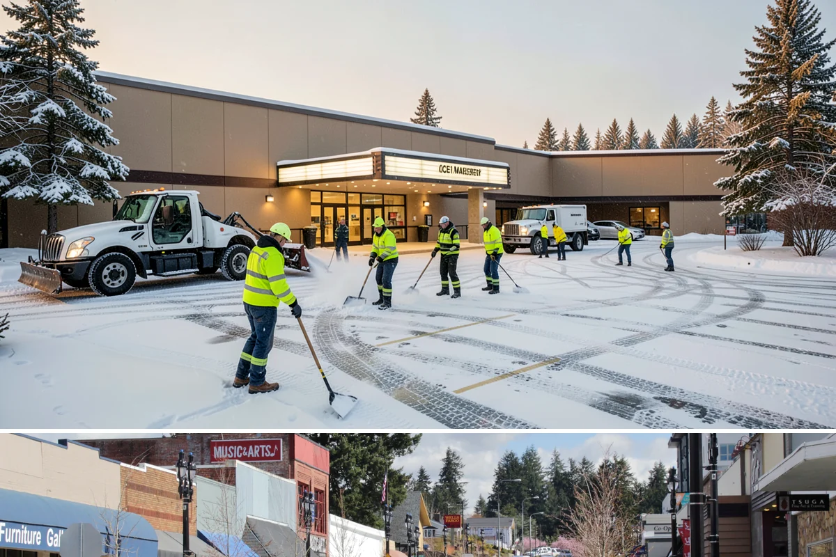 Fitness Center Sidewalk Clearing in Bothell, King County, WA - Fitness center demand peaks from December through February, when pre-dawn arrivals meet the coldest, most glazed walks of the day.
