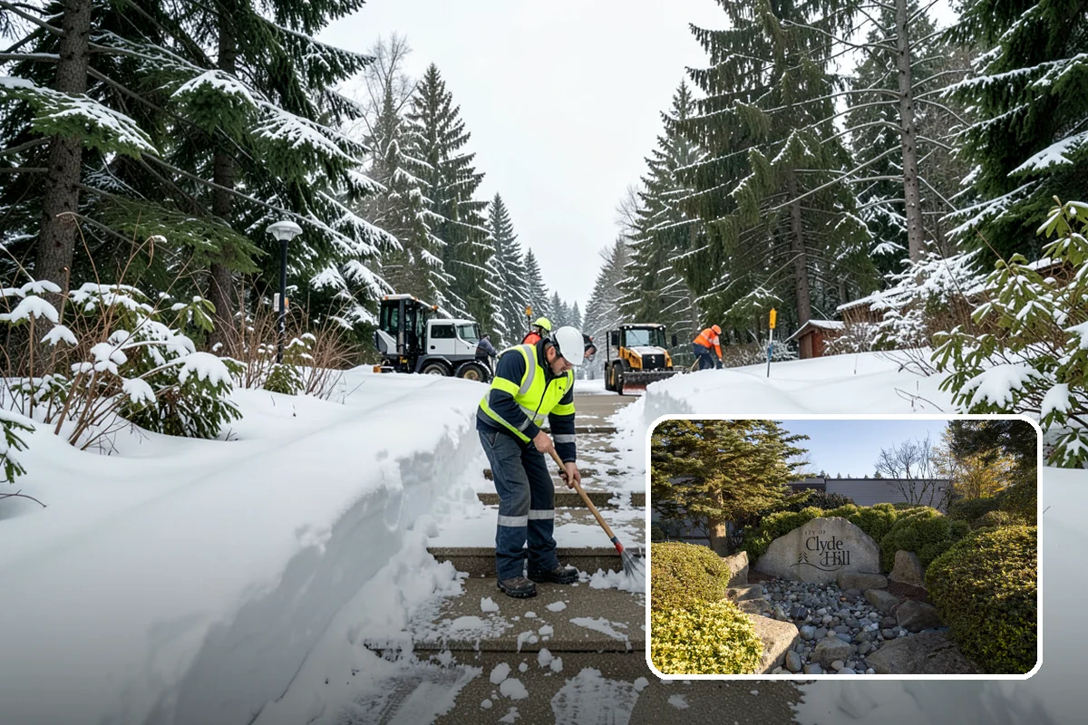 Fitness Center Sidewalk Clearing in Clyde Hill, King County, WA - Entrance cleared before the pre-dawn member rush