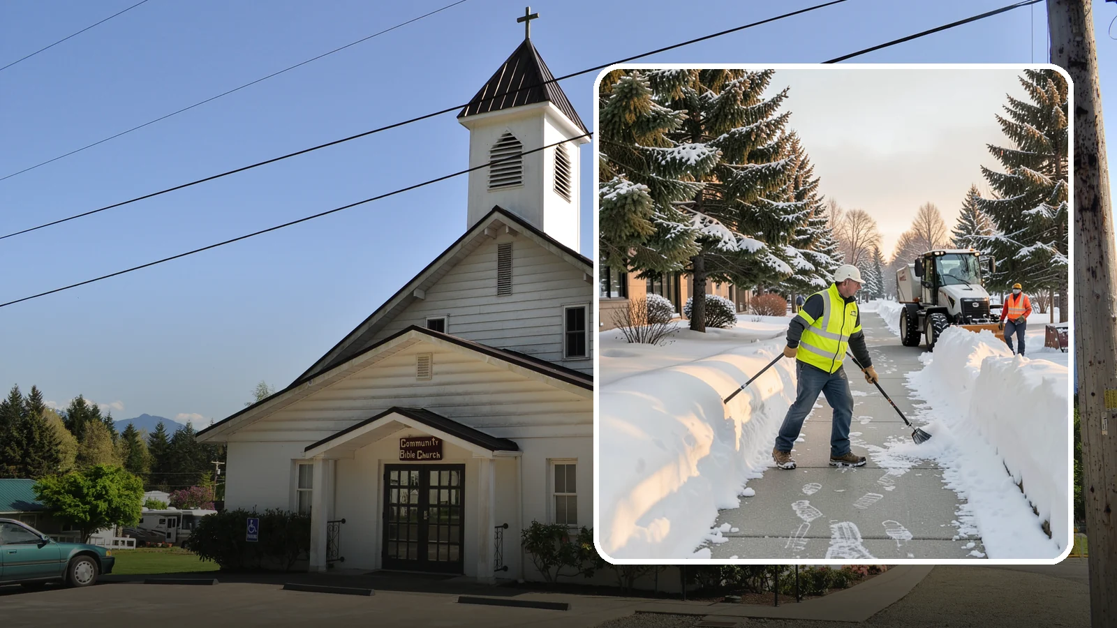 Fitness Center Sidewalk Clearing in Concrete, Skagit County, WA - Early-hours entrance sidewalk clearing for Western Washington fitness centers, keeping the walk safe for members arriving before...