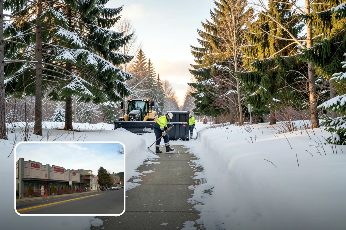 Fitness Center Sidewalk Clearing in Issaquah, King County, WA - Entrance cleared before the pre-dawn member rush