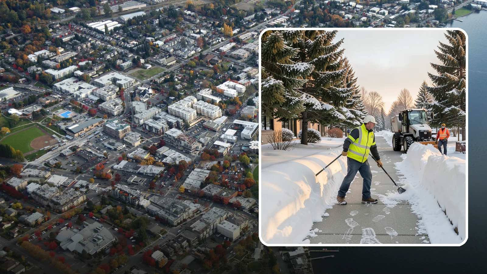 Fitness Center Sidewalk Clearing in Kirkland, King County, WA - Early-hours entrance sidewalk clearing for Western Washington fitness centers, keeping the walk safe for members arriving before...