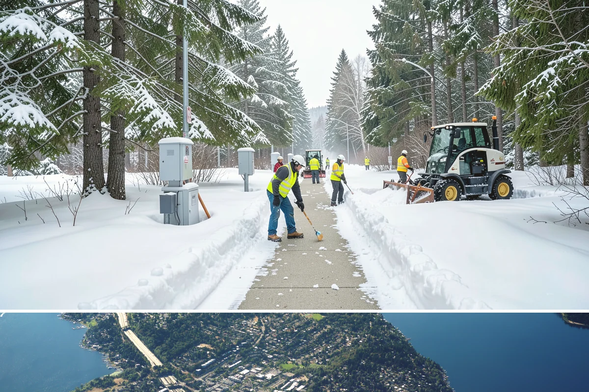 Fitness Center Sidewalk Clearing in Mercer Island, King County, WA - Fitness center demand peaks from December through February, when pre-dawn arrivals meet the coldest, most glazed walks of the day.