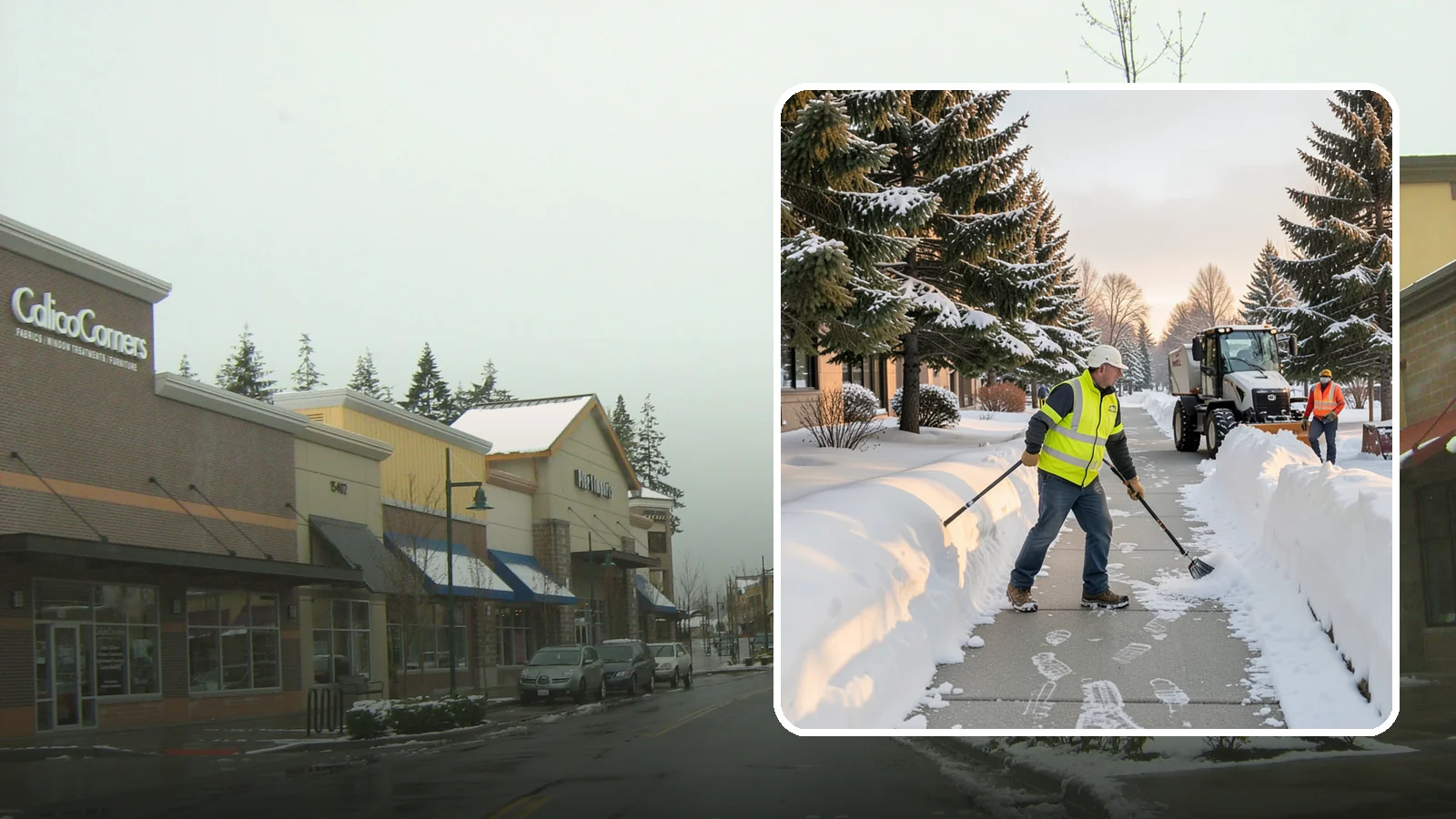 Fitness Center Sidewalk Clearing in Mill Creek, Snohomish County, WA - Early-hours entrance sidewalk clearing for Western Washington fitness centers, keeping the walk safe for members arriving before...